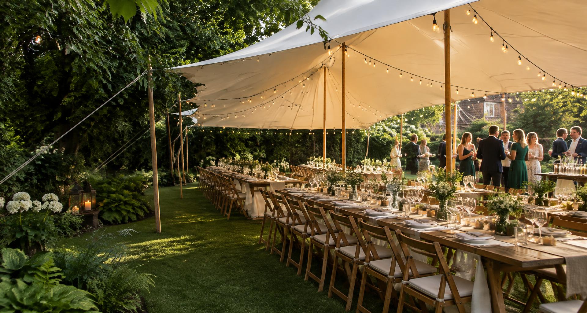 Een feestelijk gedekte tafel onder een partytent in een groene tuin